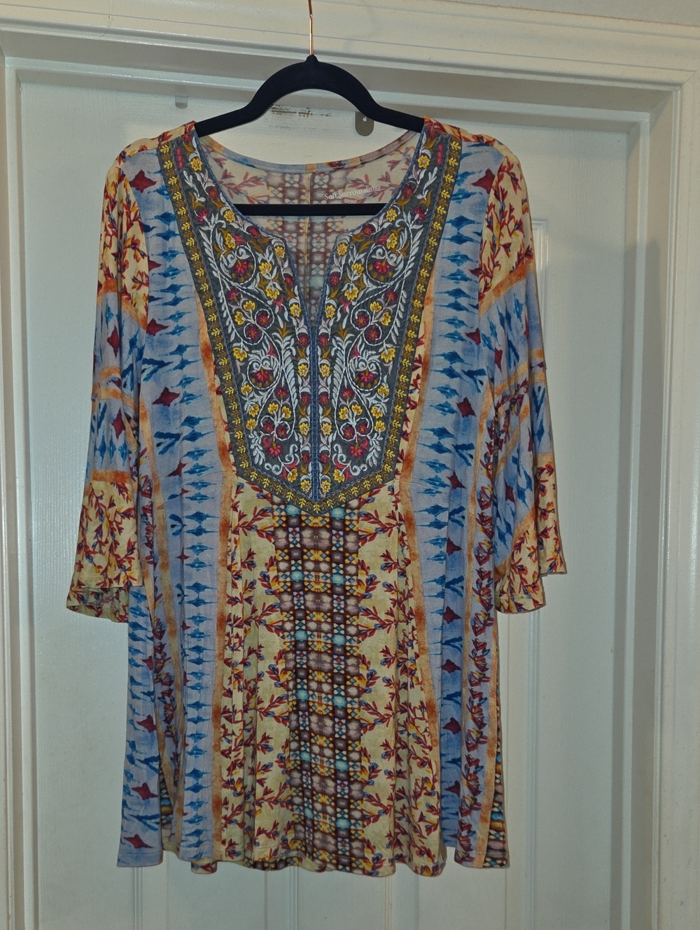 Soft Surroundings Fifi Embroidered Mixed Print Boho Tunic Top Bell Sleeve Size L